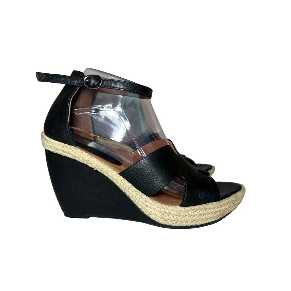L'Amour Des Pieds Women's 9M Black Leather Wedge Espadrille Heeled Sandals